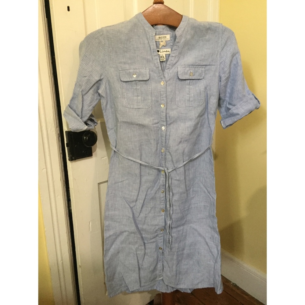 Malvin light blue pinstripe linen tunic dress